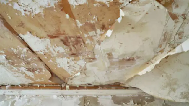 Peeling and stained ceiling paint after a roof leak