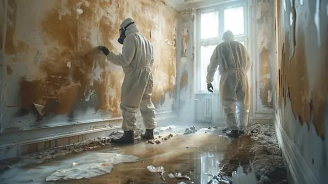 Two workers in protective suits and respirators treating mold-stained walls in a damp room