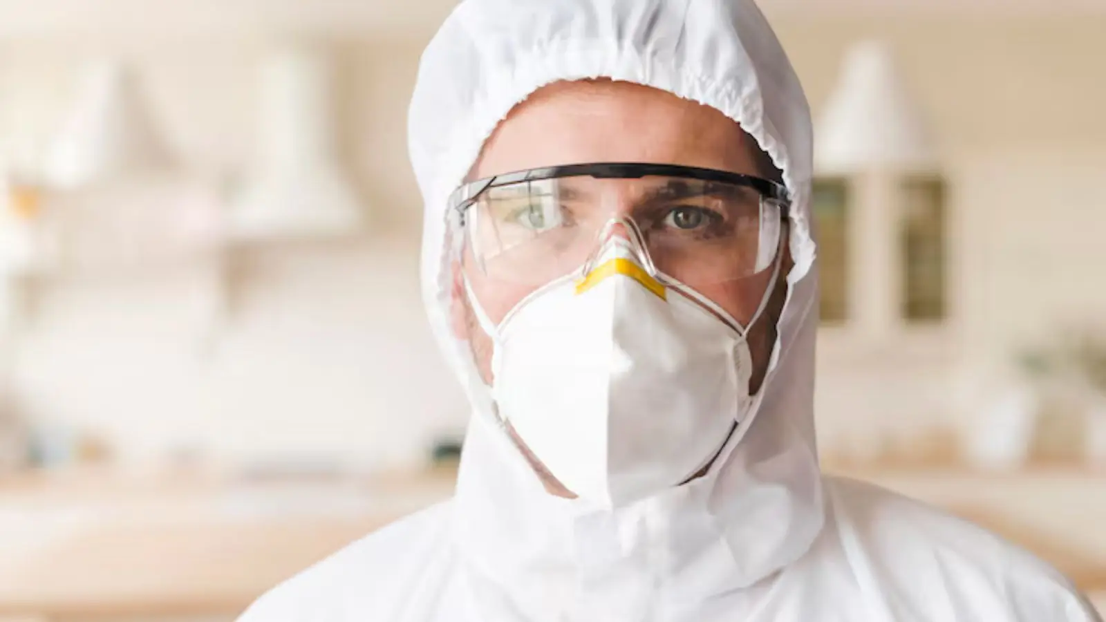 Technician in a hooded suit, safety glasses and a dust mask