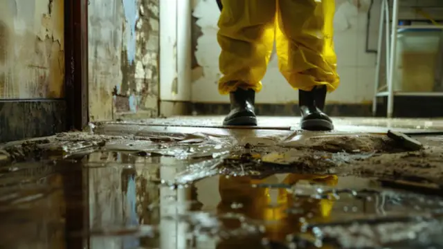 Person in yellow waders and black boots standing in mud and water on a damaged floor