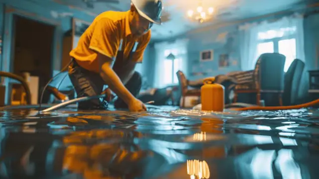 Worker in an orange shirt cleaning up standing water in a flooded living room