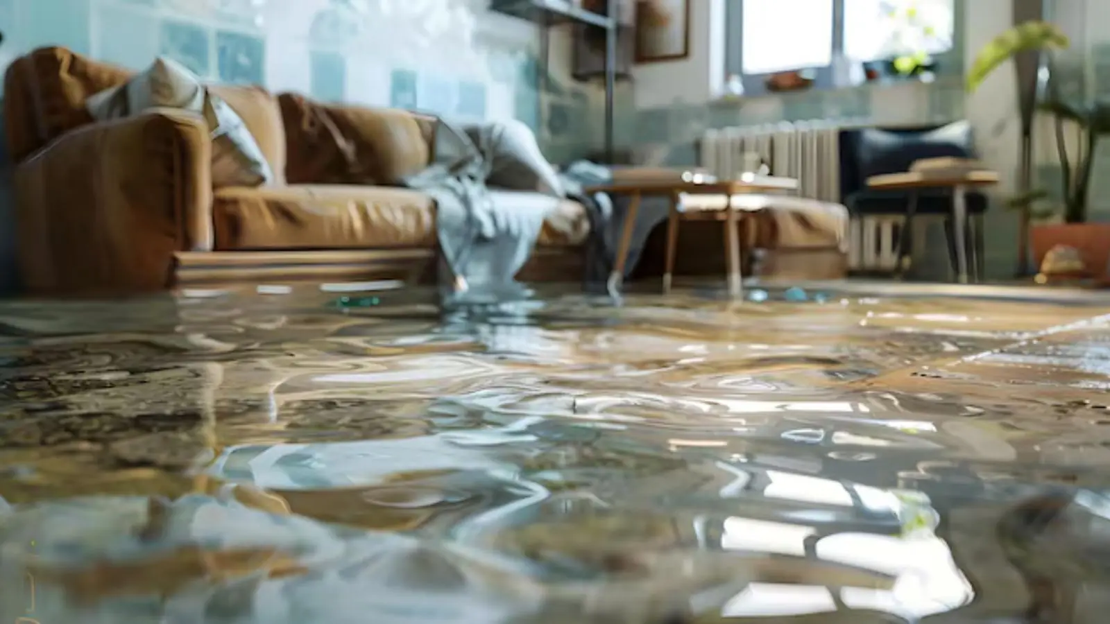 Water pooled across the floor of a living room with a sofa in the background